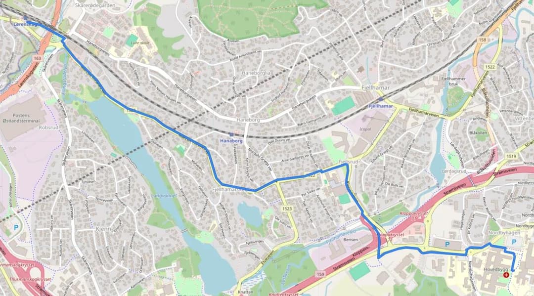Lørenskog stasjon - Ahus, raskeste vei