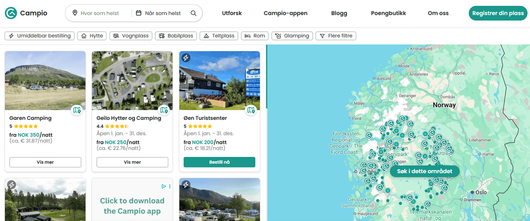 Oversikt over campingplasser i Norge
