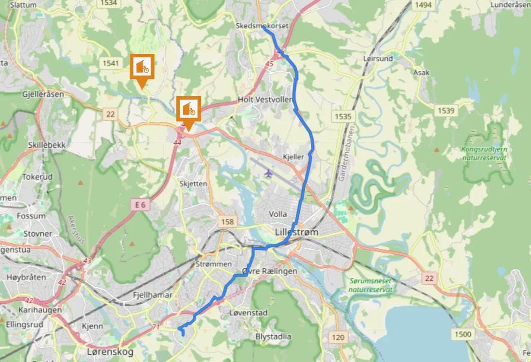 sykkelrute fra Skedsmokorset til Ahus